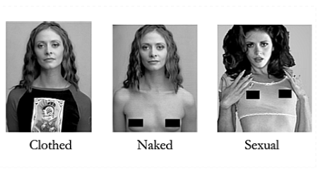 A photo of a woman clothed, a woman naked, and a woman naked with makeup, big hair, and sexual posture.